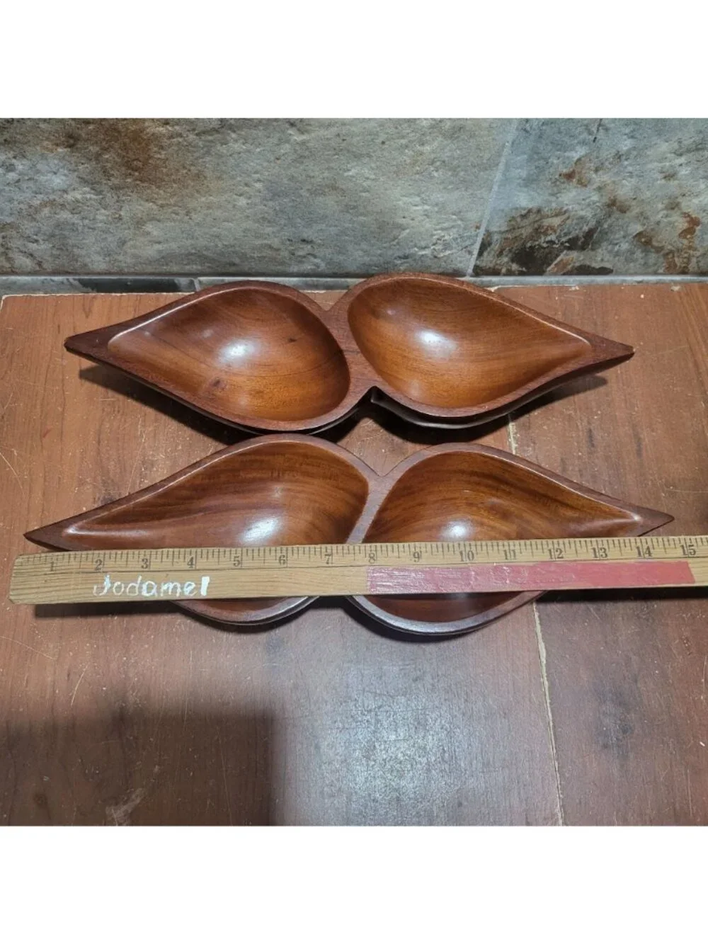 Vintage MCM Monkey Pod Wood 2 Compartment Divided Serving Dish Tray Set of 2